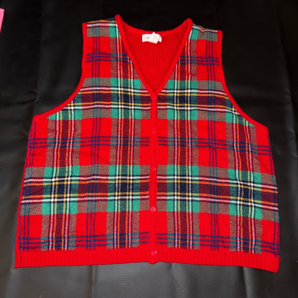 Cabin Creek Plaid Knit Vest 3X Red Green Blue Button‎ Front V Neck Sleeveless